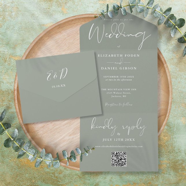 Elegant Sage Green QR Code Monogram Wedding All In One Invitation (Elegant Sage Green QR Code Monogram Wedding All In One Invitation)