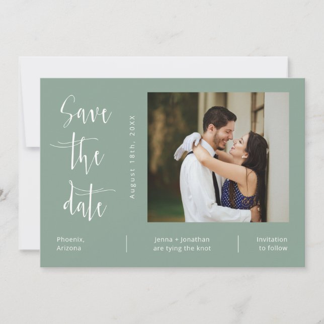 Elegant Sage Green QR Code Photo Save the Date Invitation (Front)