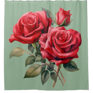 Elegant Sage Green Red Roses Shower Curtain