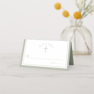 Elegant Sage Green Religious Boy Baptism Place Card