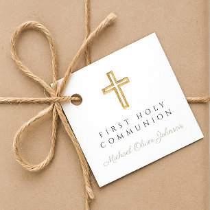 Elegant Sage Green Religious Boy First Communion Favour Tags