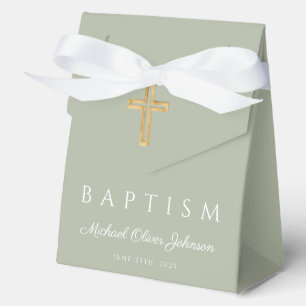 Elegant Sage Green Religious Cross Baptism  Favor Box