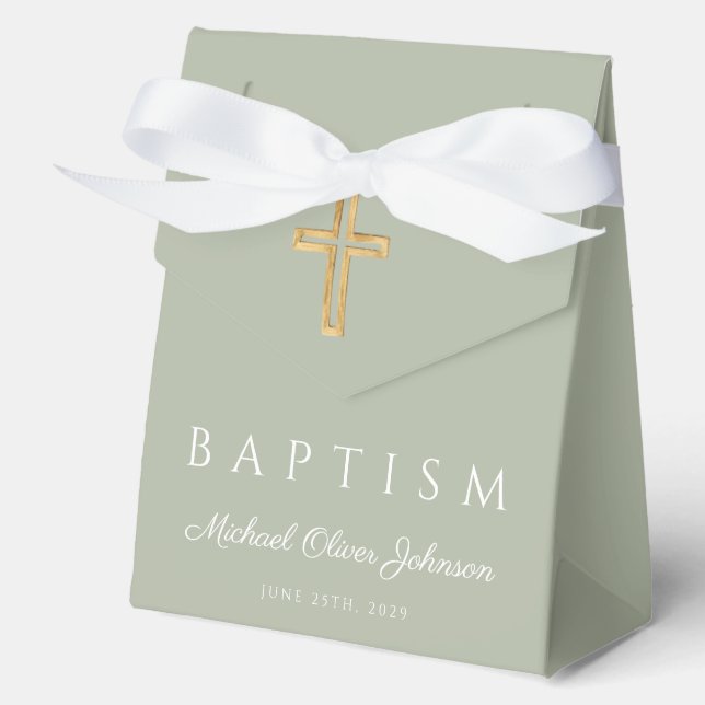 Elegant Sage Green Religious Cross Baptism  Favor Box (Front)