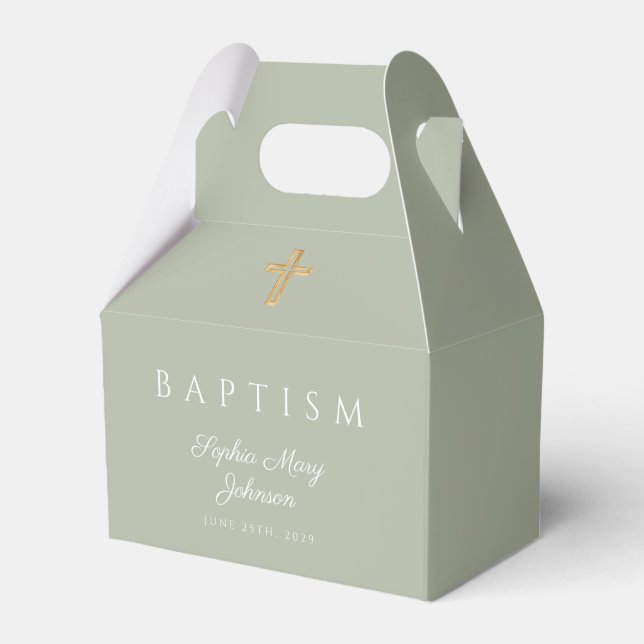 Elegant Sage Green Religious Cross Baptism Favor Box (Front Side)