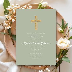 Elegant Sage Green Religious Cross Baptism Invitation