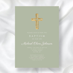 Elegant Sage Green Religious Cross Baptism Invitation