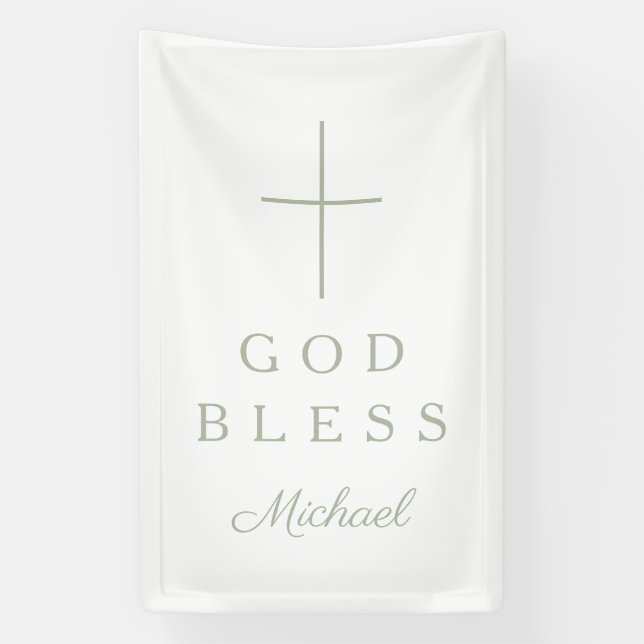 Elegant Sage Green Religious Cross Boy God Bless Banner (Vertical)
