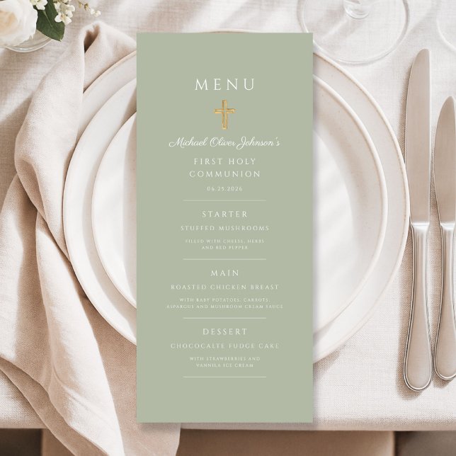 Elegant Sage Green Religious Cross First Communion Menu (Elegant Sage Green Religious Cross First Communion Menu)