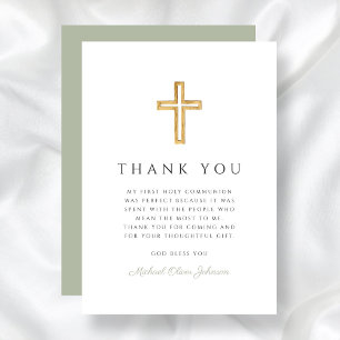 Elegant Sage Green Religious Cross First Communion Thank You Card