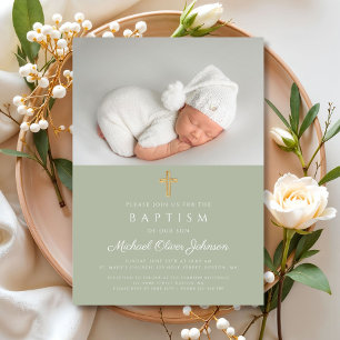 Elegant Sage Green Religious Cross Photo Baptism Invitation