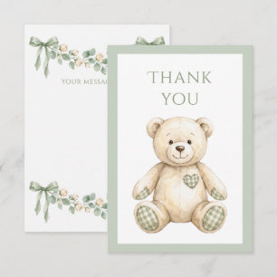 Elegant Sage Green Ribbon Vintage Teddy Bear Thank You Card