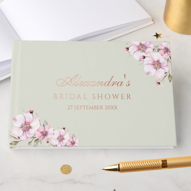 Elegant Sage Green Roses Floral Bridal Shower Guest Book (Creator Uploaded)
