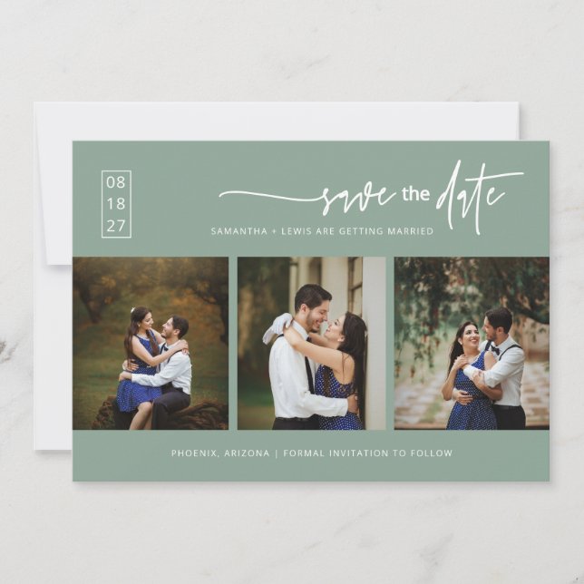 Elegant Sage Green Save the Date QR Code Photo Invitation (Front)