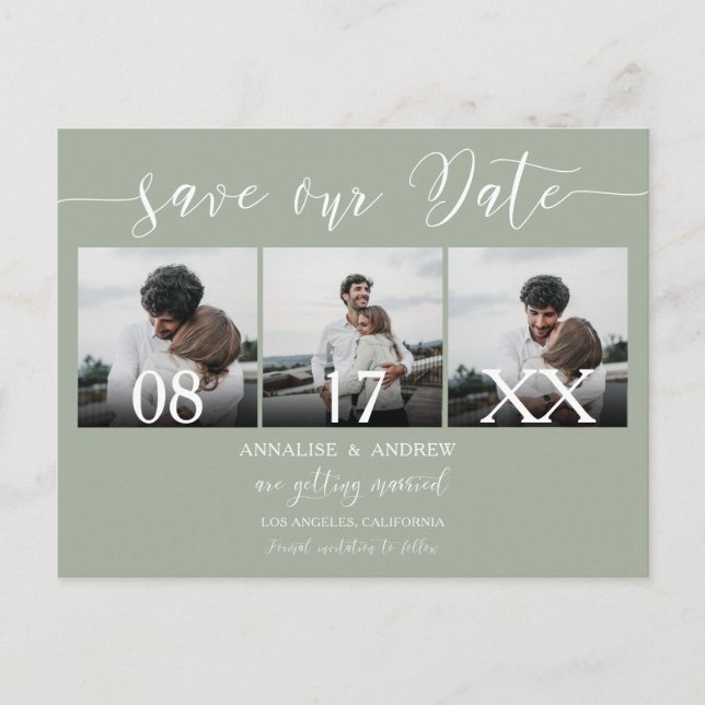 Elegant sage green script 3 photos save the date postcard (Front)