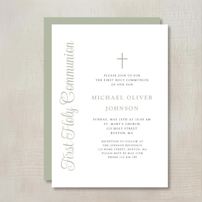 Elegant Sage Green Script Boy First Communion Invitation (Creator Uploaded)