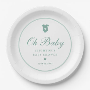 Elegant Sage Green Script Girls Oh Baby Shower Paper Plate