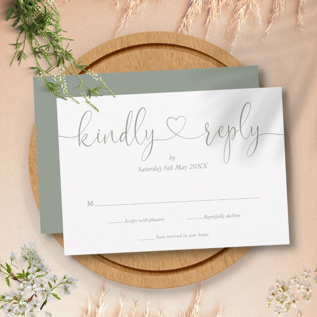 Elegant Sage Green Script Heart Kindly Reply RSVP Card (Creator Uploaded)