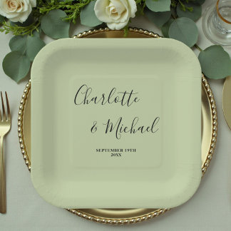Elegant Sage Green Script Minimalist Wedding Paper Plate