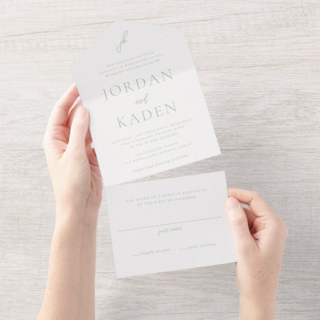Elegant Sage Green Script Monogram Wedding All In One Invitation (Tearaway)