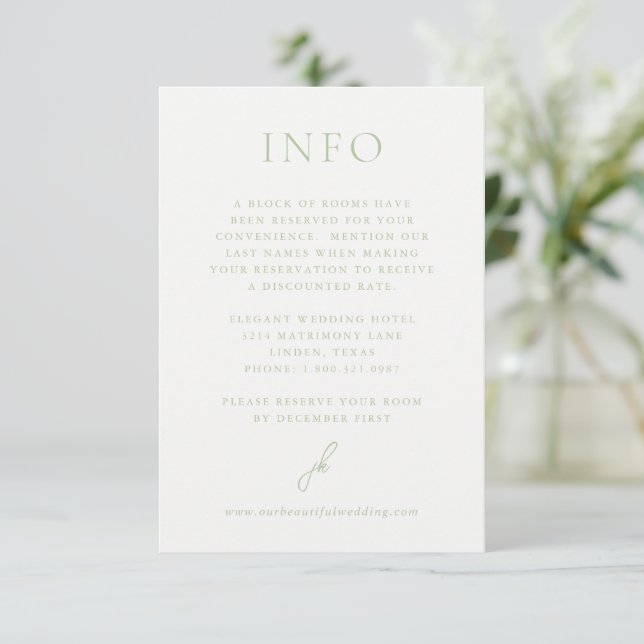 Elegant Sage Green Script Monogram Wedding Enclosure Card (Standing Front)