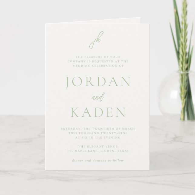 Elegant Sage Green Script Monogram Wedding Invitation (Front)