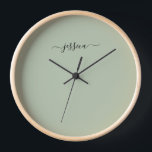Elegant sage green script name large clock<br><div class="desc">Modern clock with a sage green background and a hand lettered black girly script name. Personalize with your name</div>