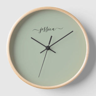 Elegant sage green script name large clock