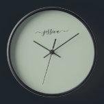 Elegant sage green script name large clock<br><div class="desc">Modern clock with a sage green background and a hand lettered black girly script name. Personalize with your name</div>