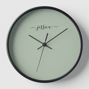 Elegant sage green script name large clock