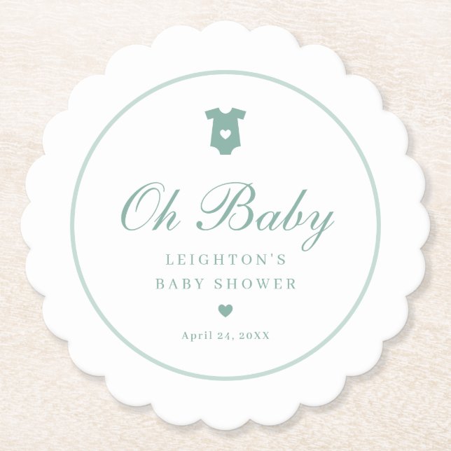 Elegant Sage Green Script Oh Baby Shower  Paper Coaster (Front)