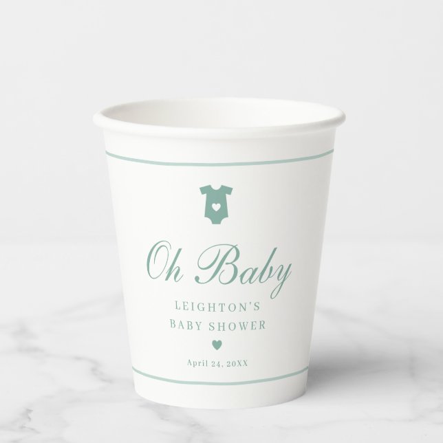 Elegant Sage Green Script Oh Baby Shower  Paper Cups (Front)
