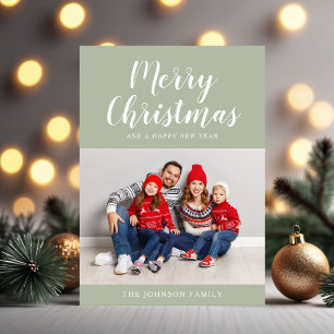 Elegant Sage Green Script Photo Christmas Holiday Card