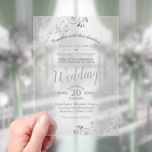 Elegant Sage Green & Silver Calligraphy Wedding Acrylic Invitations (Frosted Acrylic with Rectangle Cut)