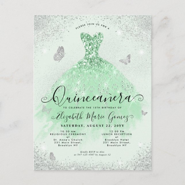 Elegant Sage Green Silver Glitter Gown Quinceanera Postcard (Front)