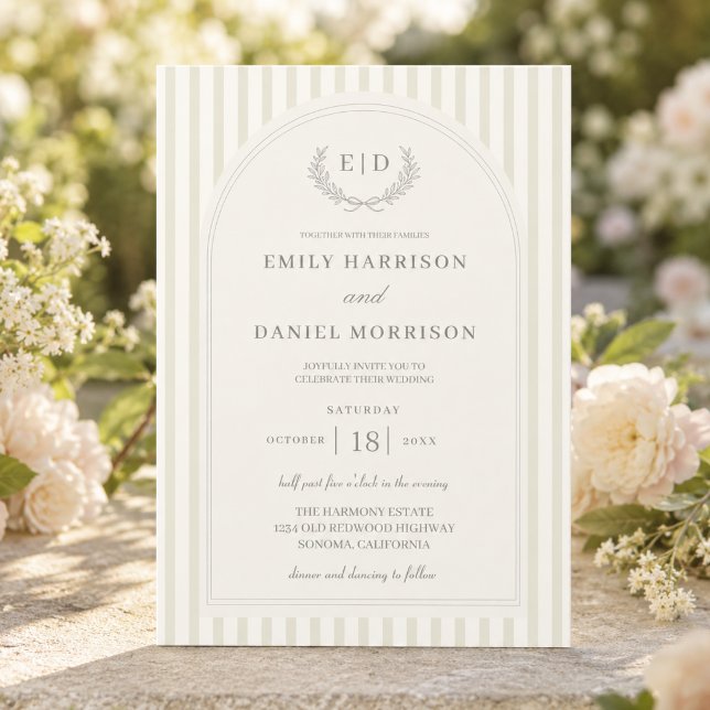 Elegant Sage Green Striped Monogram Wedding Invitation (Creator Uploaded)