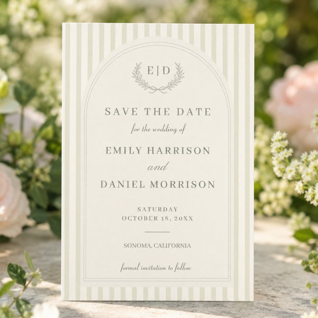 Elegant Sage Green Striped Monogram Wedding Save The Date (Creator Uploaded)