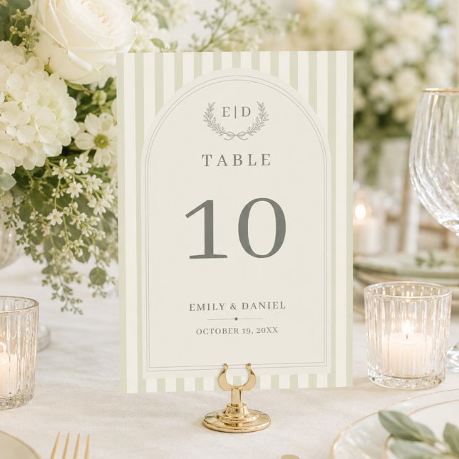 Elegant Sage Green Striped Monogram Wedding  Table Number (Creator Uploaded)