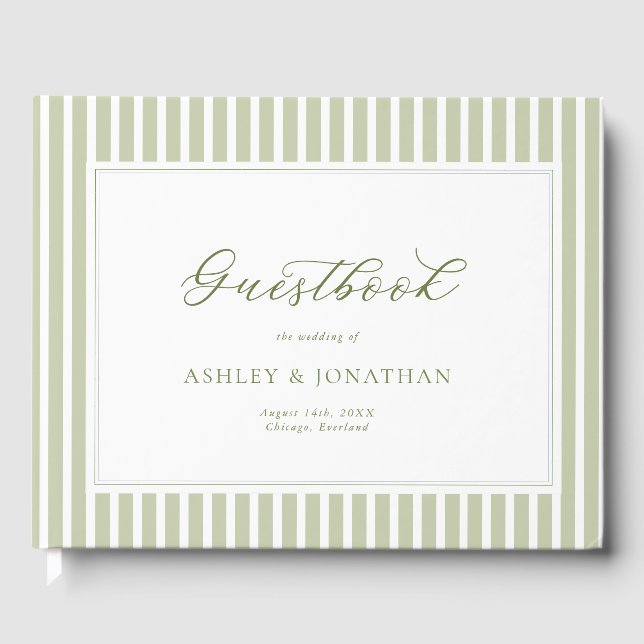 Elegant Sage Green Striped Wedding Guest Book (Front)