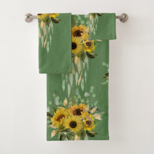 ELEGANT SAGE GREEN SUNFLOWER BATHROOM TOWEL SET
