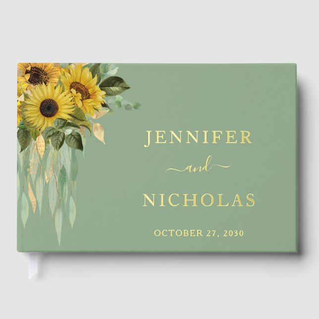 Elegant Sage Green Sunflower Wedding Gold Guest Book (Front)