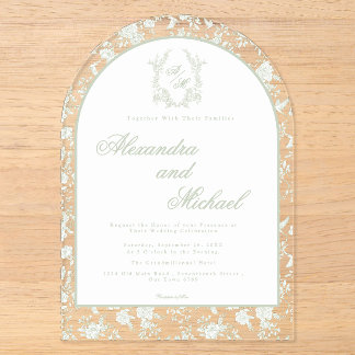 Elegant Sage Green Toile Floral Monogram Acrylic Invitations
