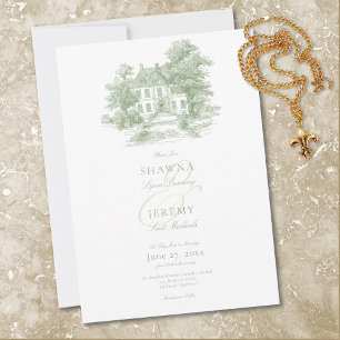 Elegant Sage Green Toile French Manor Wedding Invitation