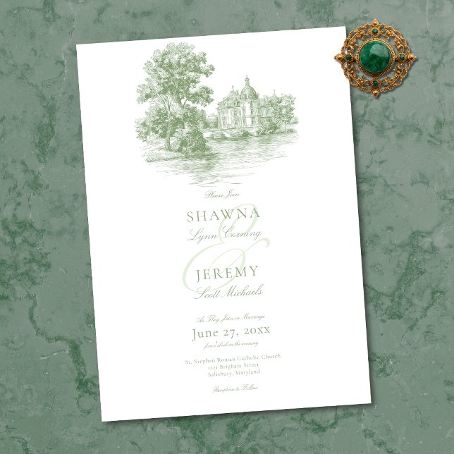Elegant Sage Green Toile French Manor Wedding Invitation (Elegant Sage Green Toile French Manor Wedding Invitation)