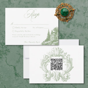 Elegant Sage Green Toile French Manor Wedding QR RSVP Card