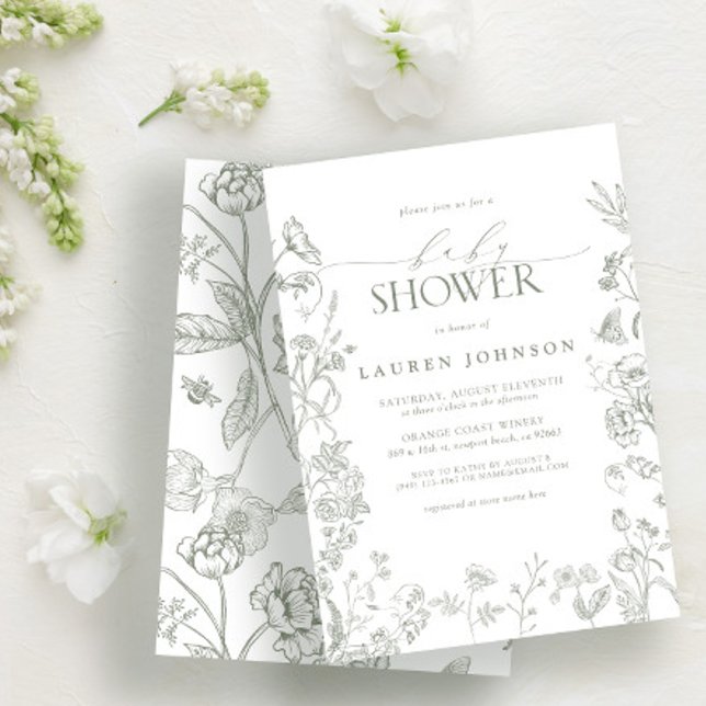 Elegant Sage Green Victorian Floral Baby Shower Invitation (Creator Uploaded)