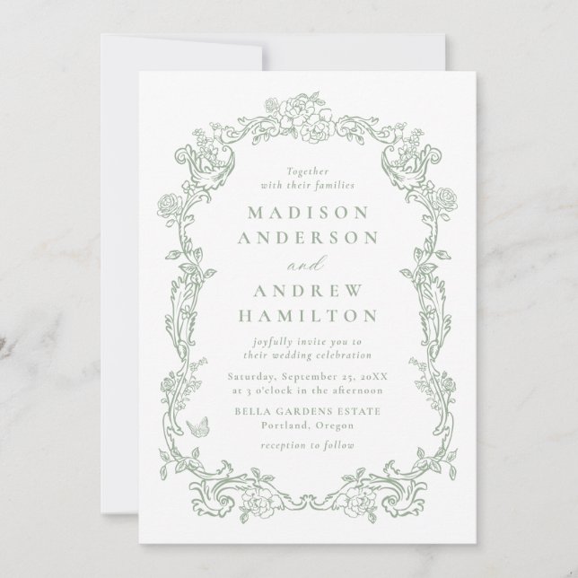 Elegant Sage Green Victorian Floral Frame Wedding Invitation (Front)