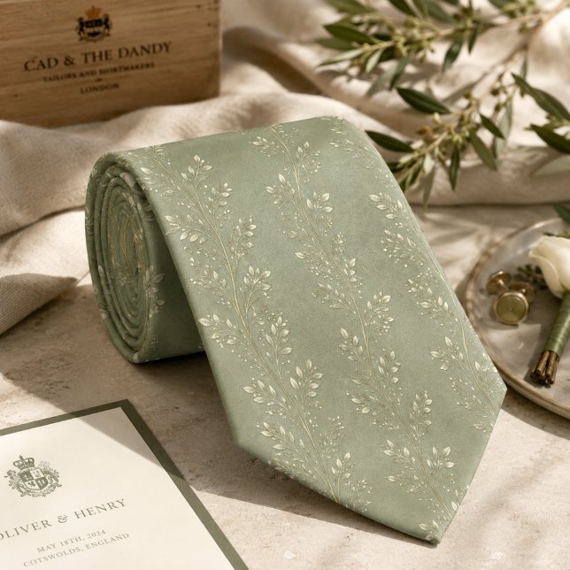 Elegant Sage Green Vine Delicate Botanical  Tie (Creator Uploaded)