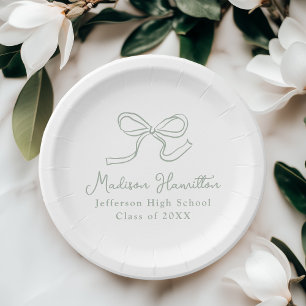 Elegant Sage Green Vintage Bow Graduation Paper Plate