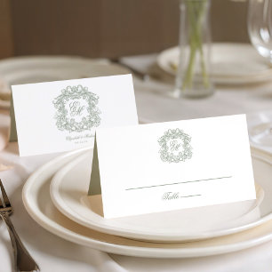 Elegant Sage Green Vintage Crest Monogram Wedding Place Card