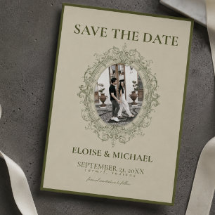 Elegant Sage Green Vintage Crest Save the Date Invitation